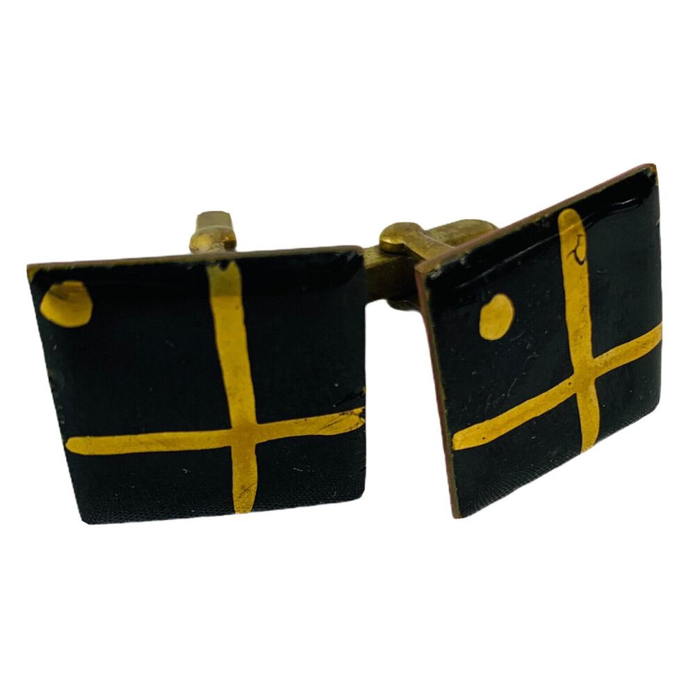 Vintage Men's Enameled‎ Goldtone and Black Square Cufflinks Artsy Retro Toggle